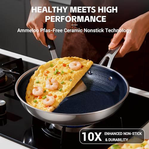 Ammeloo Hybrid Stainless Steel Cookware Set, 17-Piece Tri-Ply Pots and Pans Set Non Stick, Induction Kitchen Cookware Sets, Dishwasher & Oven Safe, PFOA Free, All Cooktops Compatible, Navy Blue
