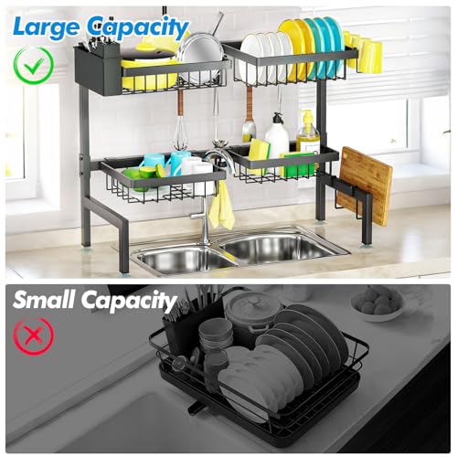 SNSLXH 4 Baskets 2-Tier Over The Sink Dish Drying Rack, 26.57"-35", Large Sink Rack for Kitchen, Extensible and Adjustable, Saving Kitchen Space