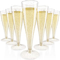 JOLLY CHEF 100 Pack Plastic Champagne Flutes Disposable 4.5 oz Gold Glitter Plastic Champagne Glasses for Wedding, Thanksgiving Day, Christmas