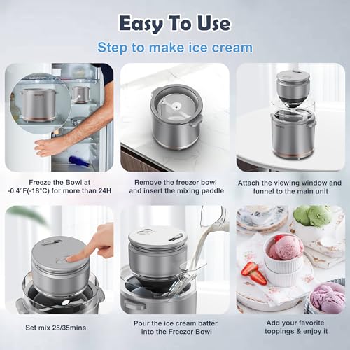 BRIOBITE 1.1 Quart Ice Cream Maker – Electric Ice Cream Machine for Gelato, Milkshakes & Sorbet,Perfect for 2-3 Servings, Easy to Use & Clean,Silver
