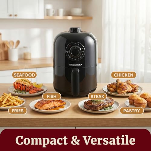 Elite Gourmet EAF-1121X Personal 1.1 Qt. Compact Space Saving Electric Hot Air Fryer Oil-Less Healthy Cooker, Timer & Temperature Controls, 1000W Black