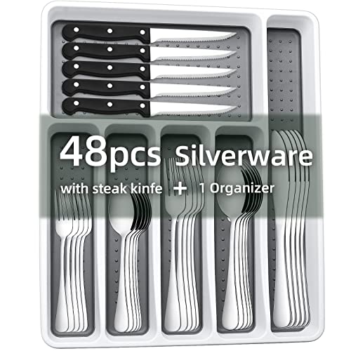 49-Piece Silverware Set with Organizer, CEKEE Stainless Steel Flatware Cutlery Set Service for 8, Mirror Polished Kitchen