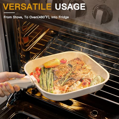 Astercook 23 Pcs Pots and Pans Set Non Stick, Ceramic Cookware Set Detachable Handle, RV Kitchen Cooking Set Removable Handles, Oven Safe, Induction Ready, Stackable, Cream, Fathers Day Gift for Men