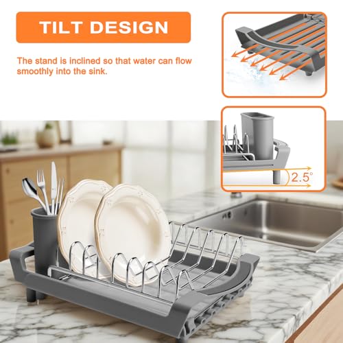Dish Drying Rack Compact Expandable - A Space-Saving, Stainless Steel, Rust-Resistant Dish Drainer for Kitchen and Apartment Countertops/Sink Cabinets, Extendable from 11.42 to 19.9 inches (Gray)