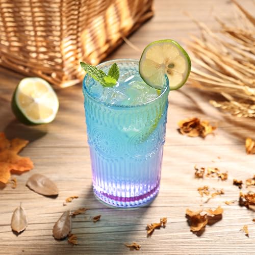 Loivttvv 6pcs Vintage Drinking Glasses Set, 12 oz Glass Cups, Embossed Ribbed Glassware Drinking Glasses for Cocktail, Water, Juice, Coffee, Whiskey