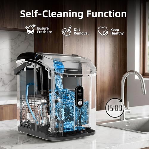 Nugget Countertop Ice Maker with Soft Chewable Ice, 35Lbs/24H, Pebble Portable Ice Machine with Ice Scoop, Self-Cleaning, One-Click Operation, for Kitchen,Office Stainless Steel Silver