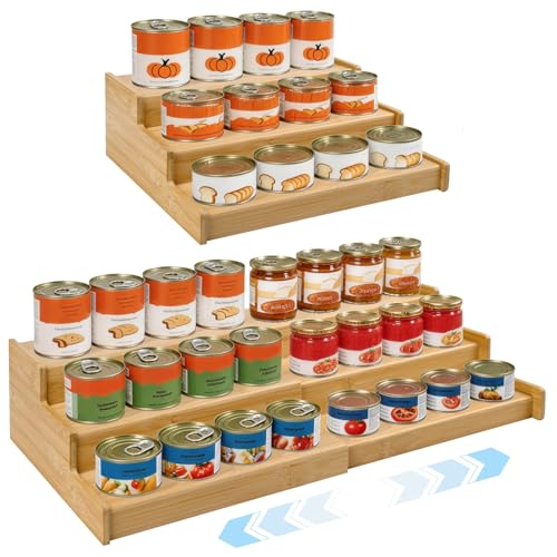Artcochan 3 Tier Expandable Bamboo Can Rack Organizer for Pantry，Adjustable Pantry Organizers Holds Up to 24 Soda Cans,Canned Food Storage for Kitchen Cabinet Countertop
