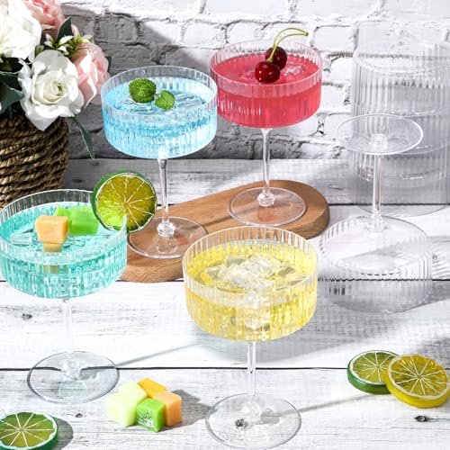 Jingmore 12 Pcs Ribbed Martini Glasses 10 oz Disposable Plastic Vintage Ribbed Coupe Glasses Unbreakable Dessert Parfait Glassware for Wedding Birthday Party Supplies (Clear)