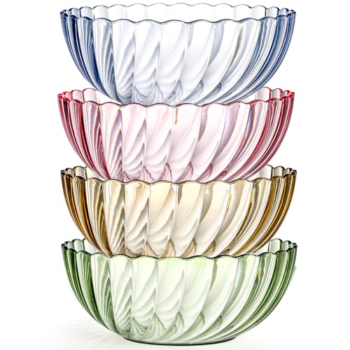 Fasmov 4 Pack Plastic Serving Bowls, Plastic Salad Mixing Bowls, 74oz Break Resistant Plastic Bowls for Salad, Fruit, Popcorn, Chip and Dip, Multicolor