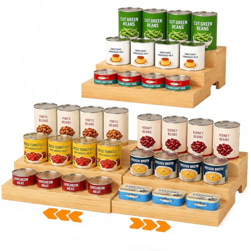 D-werack Expandable 3-Tier Wooden Can Organizer for Pantry, Adjustable Shelf Holds 24 Cans, Storage Rack for Cabinet & Countertop, Space Saving Pantry Organizer for Small Kitchens and Apartments