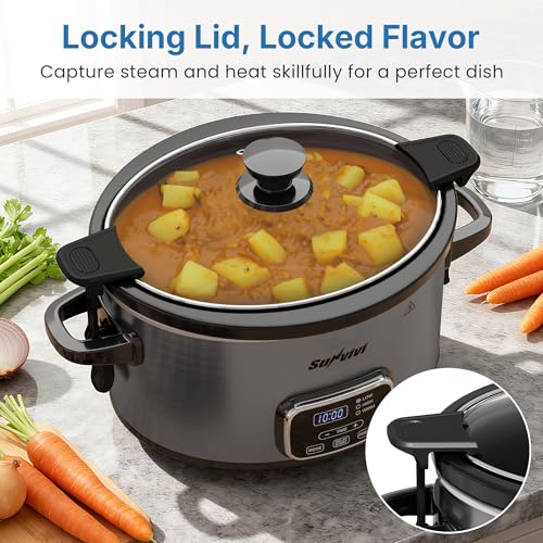 SUNVIVIPRO 4QT Programmable Slow Cooker with Locking Lid, Food Warmer with 3 Heating Settings & Adjustable Timer, Removable Ceramic Pot Dishwasher-Safe, Stainless Steel, Grey