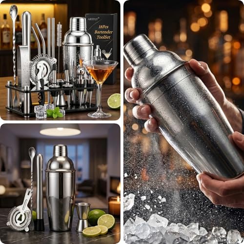 ARTFLY Cocktail Shaker Set, 18-Piece Bartender Kit with Acrylic Stand, 18/8 Stainless Steel Bar Set with Martini Shaker, Jigger, Muddler & Recipe Book for Home Bar