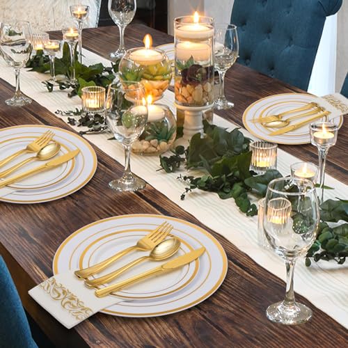 Goodluck 700 Pieces Gold Dinnerware Set for 100 Guests, Disposable for Party, Include: 100 Gold Rim Dinner Plates, 100 Dessert Plates, 100 Paper Napkins, 100 Cups, 100 Plastic Silverware Set