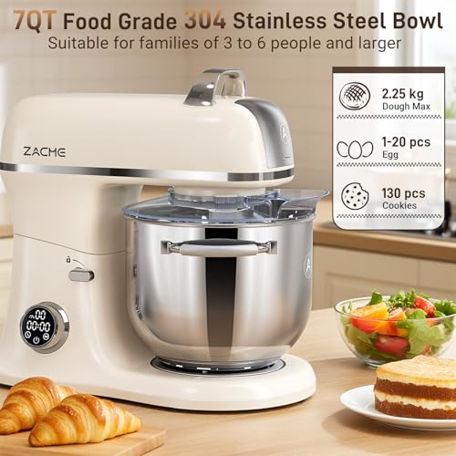 ZACME 7 Quart Stand Mixer Aluminum Die Casting, 650W 12 Speed Tilt-Head Kitchen Electric Stand Mixer, Household Food Mixer with Stainless Steel Bowl, Dough Hook, Whisk and Beater (Cream)