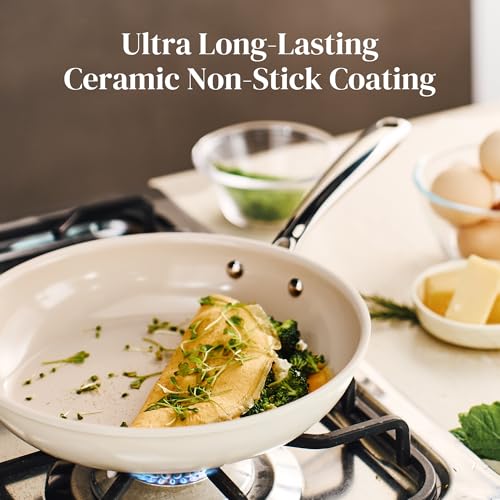 Redchef Non Stick Frying Pans, Ceramic Pan Skillet, Non Toxic Pans for Cooking, 8" 9.5" 11" Ceramic Frying Pan Set PFAS & PTFE & PFOA Free with Stay Cool Handle, Dishwasher & Oven Safe, Beige White