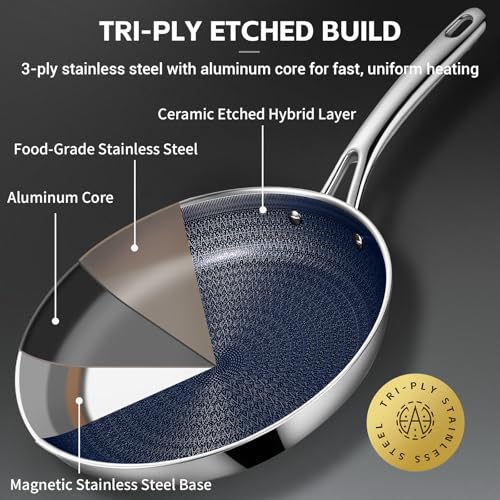 Ammeloo Hybrid Stainless Steel Cookware Set, 17-Piece Tri-Ply Pots and Pans Set Non Stick, Induction Kitchen Cookware Sets, Dishwasher & Oven Safe, PFOA Free, All Cooktops Compatible, Navy Blue