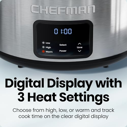 Chefman Slow Cooker 7 Quart, Large Family Size Programmable Digital Slow Cooker with 24-Hour Timer, Low, High & Warm Settings, Ceramic Crock, Tempered Glass Lid, Dishwasher-Safe, Stainless Steel
