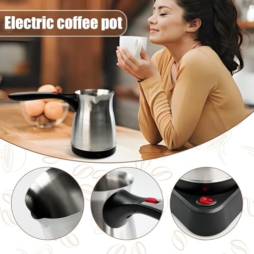 Electric Turkish Coffee Pot, 600ml Stainless Steel 110V Heating Kettle with Foldable Anti-Scald Handle for Home and Travel, Fast Brew Maker Arabic Greek Tea Milk (Smooth Pot Surface)