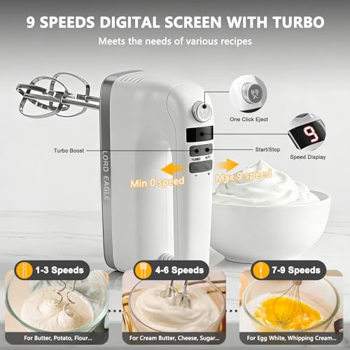 Lord Eagle 9-Speed Digital Hand Mixer Electric Handheld, 500W DC Motor Kitchen Mixer for Cake Baking, Lightweight Egg Beaters with Stain-resistant & Waterproof Storage Bag & 6 Accessories