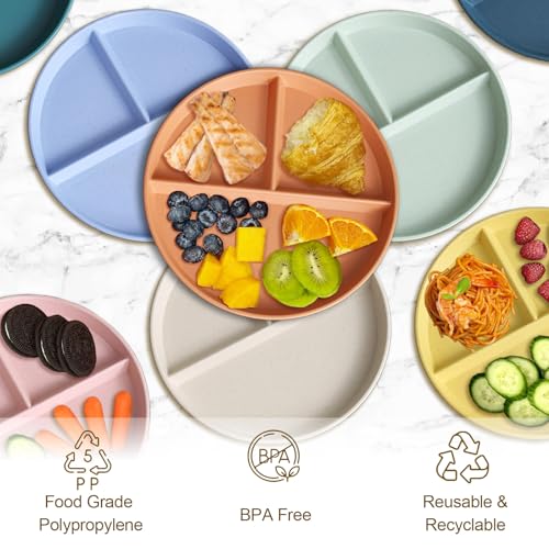 Divided Plates for Adults (8 Packs), Unbreakable Portion Control Plate Sectioned with Dividers, 9 Inch Plastic Food Separator Dinner Plates Lightweight Compartment BPA Free Reusable Microwave Safe