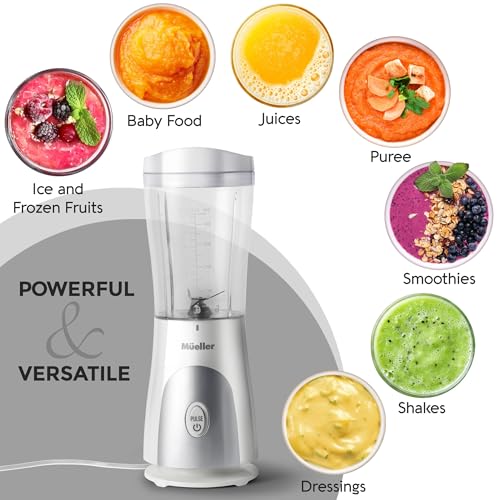Mueller Heavy-Duty Personal Blender for Shakes and Smoothies with a 15 Oz Travel Cup and Lid, Juices, Baby Food, Portable Blender & Food Processor, White