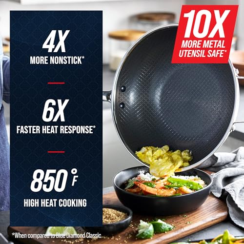 Blue Diamond Hybrid Nonstick Stainless Steel 12” Wok with Lid, PFAS-Free Ceramic Diamond Bond Stir-Fry Pan, Induction Ready, Dishwasher & Oven Safe, Metal Utensil Safe, Stay-Cool Handle, Silver