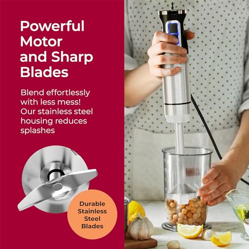 MuellerLiving Ultra-Stick Immersion Hand Blender, 500W Heavy Duty Motor, 8-Speed Turbo Setting, Includes Blending Shaft, Whisk, Milk Frother & Measuring Beaker