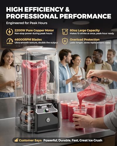 WantJoin Professional Commercial Blender With Shield Quiet Sound Enclosure 2200W Industries Strong and Quiet Professional-Grade Power, Self-Cleaning, Black