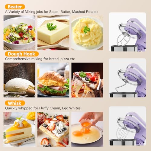 SAMSAIMO 3-IN-1 Electric Stand Mixer, 10-Speed With Pulse Button, Attachments include 6.5QT Bowl, Dough Hook, Beater, Whisk for Most Home Cooks (Purple)