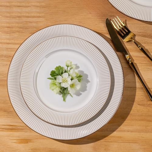 GBHOME Ceramic Dinnerware Sets,12 pcs Embossed Elegant Stoneware Plates and Bowls Sets, Housewarming Wedding Gift | Dishwasher & Microwave Safe | Dishes Set Service for 4
