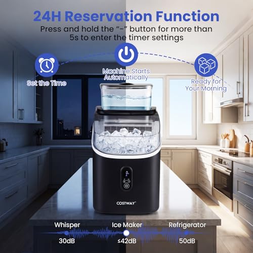 COSTWAY Countertop Ice Cube Maker with External Water Tank, 16Pcs Ready in 6 Mins, 34Lbs/24H Portable Ice Machine with 13 Thickness Levels, Self-Cleaning, 24H Reservation for Home Office Bar, Black