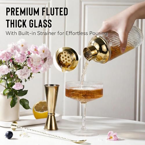 Glass Cocktail Shaker Set with Built-in Strainer – 16oz Ribbed Glass Shaker, Gold Jigger & Bar Spoon with Muddler, Bar Kit for Home Bar, Margaritas, Martinis, Gifts for Men & Women