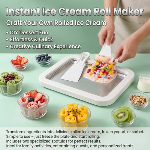 Rolled Ice Cream Maker Kit, DIY Ice Cream Roll Tray with 2 Scrapers, No Electricity Required, Stainless Steel Freezing Plate for Rolled Ice Cream, Frozen Yogurt, Sorbet (White)