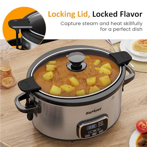 Sunvivi 4QT Programmable Slow Cooker with Locking Lid, Removable Ceramic Pot, 3 Heating Settings & Timer, Dishwasher-Safe, Stainless Steel