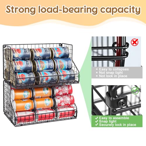 JKsmart 2 Pack Stackable Can Rack Organizer for Pantry Storage,Can Dispensers with 4 Adjustable Dividers, 2-Tier Metal Wire Basket Beverage Pop Soda Rack for Kitchen Cabinet Pantry, Black