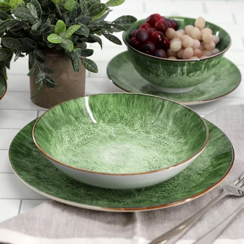 Elama Oceanus 16 Piece Round Shape Porcelain Double Bowl Dinnerware Set, Tableware Set, Table Setting- Service for 4 (Green)