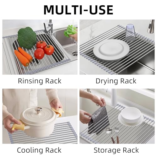 Sooseuo Over Sink Dish Drying Rack, 17" L x 11.8" W, Roll Up Dish Drying Rack for Kitchen, Gray