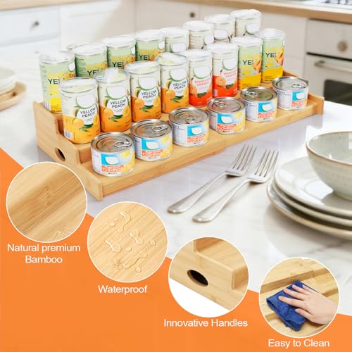 Evernewly Expandable Can Rack Organizer for Pantry, 3 Tier Bamboo Adjustable Can Storage Holder, Soda Organizer Holds Up to 24 Cans, Canned goods Storage Display Shelf for Kitchen,Countertop, Cabinet