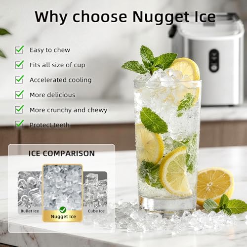 Nugget Countertop Ice Maker with Soft Chewable Ice, 35Lbs/24H, Pebble Portable Ice Machine with Ice Scoop, Self-Cleaning, One-Click Operation, for Kitchen,Office Stainless Steel Silver