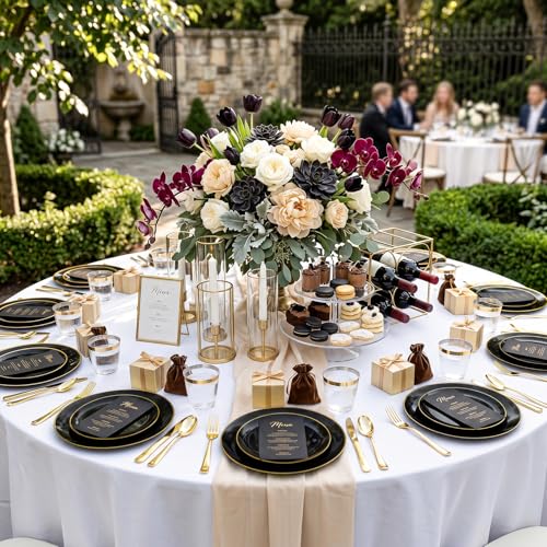 KIRE 100PCS Black and Gold Plates - Black Plastic Plates Disposable with Gold Rim Include 50Pcs 10.25inch Dinner Plate and 50Pcs 7.5inch Dessert/Salad Plate for Party/Wedding/Graduation/Father's Day