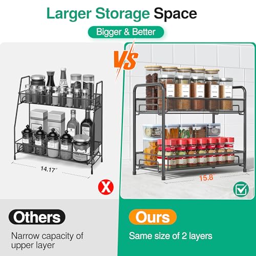 Spice Rack Organizer for Countertop,Xpatee 2-Tier Foldable Metal Rust-Proof Standing Large Seasoning Storage Shelf with Guardrail and Mesh Design for Kitchen Cabinet Bathroom Living Room Pantry, Black