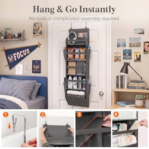 Lifewit 1 Pack Over the Door Organizer, 5 Section Clear Window Hanging Storage with 4 Side Pockets, Sturdy Anti Tilt 40 lbs Load Behind Door for Closet, Bedroom, Bathroom, Nursery, Dorm, Dark Gray