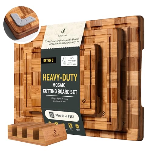 3 Pack Heavy Duty Bamboo Cutting Board Set Non Toxic Wooden Cutting Board for Kitchen Non Slip Solid End Grain Thick Wood