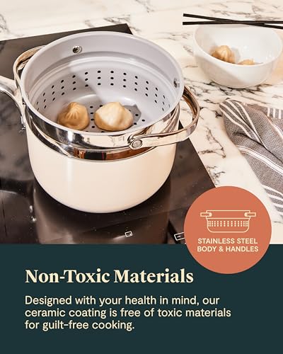 Caraway Nonstick 3 Qt Ceramic Sauce Pan with Lid & Steamer - Non Toxic, PTFE & PFOA Free - Oven Safe & Compatible with All Stovetops (Gas, Electric & Induction) - Sage