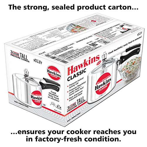 Hawkins Aluminium Classic 3 Litre Pressure Cooker, 3.2 Quarts, Silver, Ideal for 3-4 Persons, Super-fast Cooking, Saves Fuel