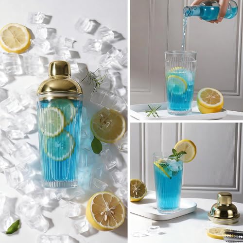 Glass Cocktail Shaker Set with Built-in Strainer – 16oz Ribbed Glass Shaker, Gold Jigger & Bar Spoon with Muddler, Bar Kit for Home Bar, Margaritas, Martinis, Gifts for Men & Women