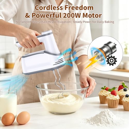 binROC Cordless Electric Hand Mixer, 12-Speed with Storage Case, White