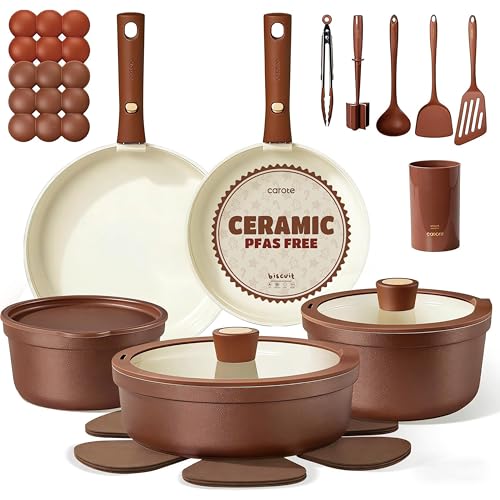 CAROTE 22Pcs Ceramic Cookware Set, Pots and Pans Set Non Stick Removable Handles, Non Toxic Cookware Oven/Dishwasher