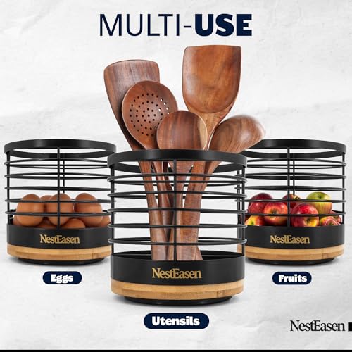 NestEasen Utensil Holder for Kitchen Counter - Rotating Utensil Holder for Countertop, Wooden Steel Spatula Holder Organizer, Large Decor Caddy for Kitchen Utensils and Cooking Spoon Container