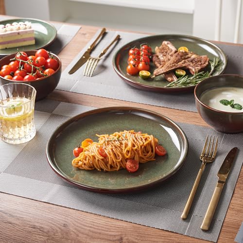 Pokini Stoneware Dinnerware Sets Service for 4, 12 pcs Reactive Glaze Plates and Bowls Sets, Handmade Ceramic Dish Set, Highly Chip and Crack Resistant Modern Plate Set, Brown Green